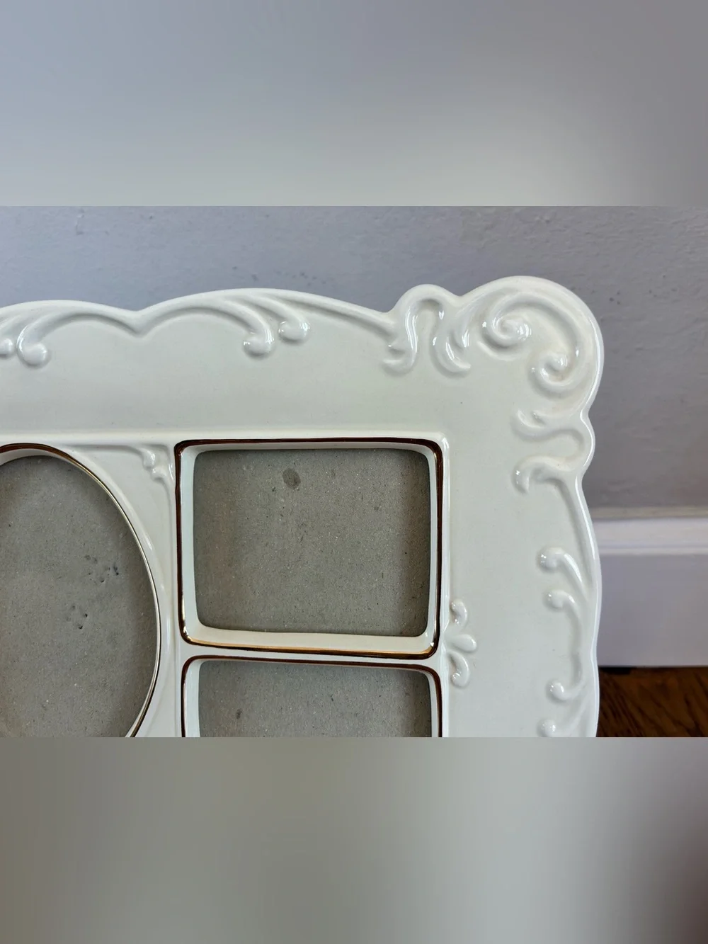 Vintage White Ceramic Collage Frame | Gold Trim, Embossed Scrollwork, Triple Pic